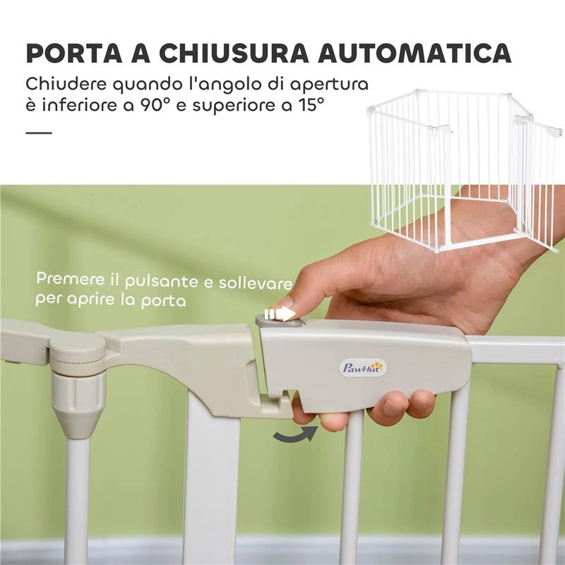 CANCELLINO PER CANI REGOLABILE E PIEGHEVOLE CON CHIUSURA AUTOMATICA E BLOCCO, 300X74.5 CM, BIANCO