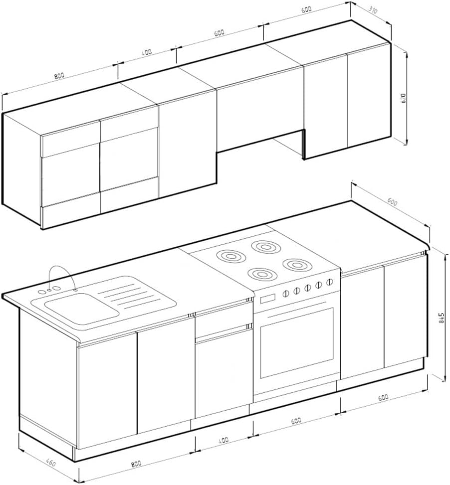 Cucina componibile Raul, Bianco lucido/bianco, 240 cm, PL Sonoma, con moduli posizionabili variabilmente e piedini regolabili in altezza