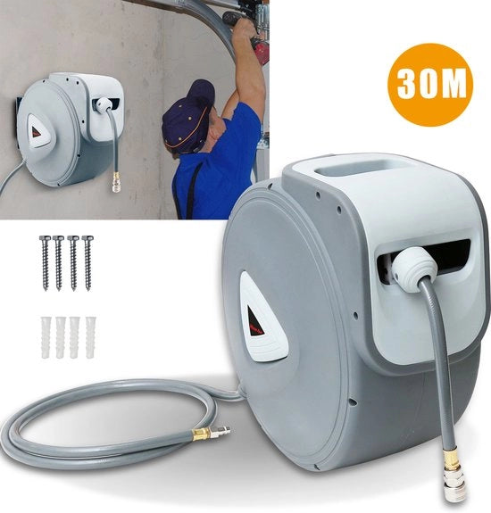 Serpentino ombrello retrattile con bobina automatica - 30m - supporto a parete - connessione rapida 1/4 pollice - resistente ai raggi UV - girevole 180° - inclusa supporto di montaggio