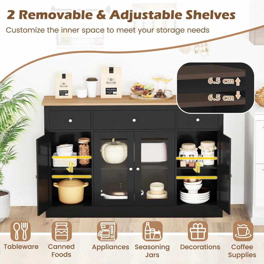 Mobile Buffet Basso, Credenza Moderna da Cucina con 3 Cassetti, 3 Armadi con Ante, Mobiletto Multiuso con Ripiani Regolabili per Soggiorno, Sala da Pranzo, 140x40x90cm (In 2 Pacchi) (Nero)
