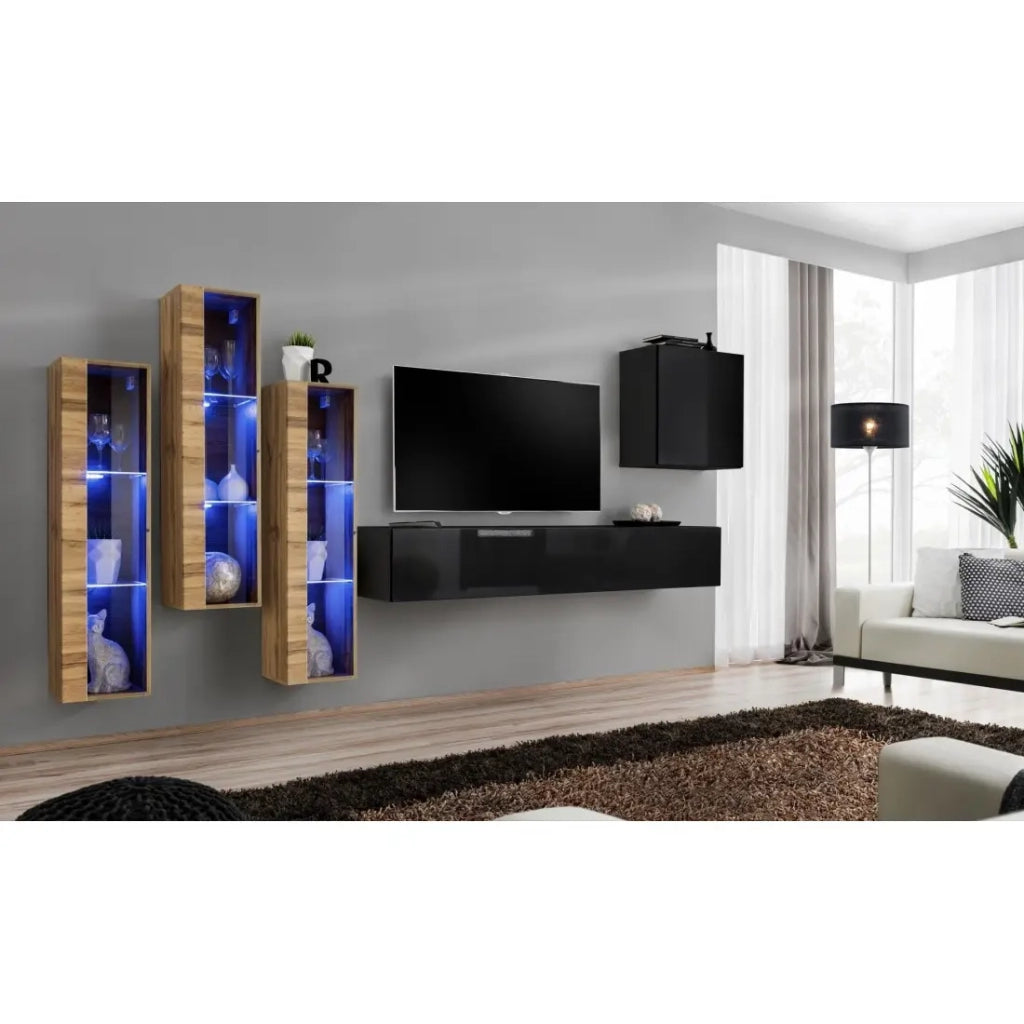 Mobile da soggiorno a parete SWITCH XIII design, colore nero e rovere Wotan.