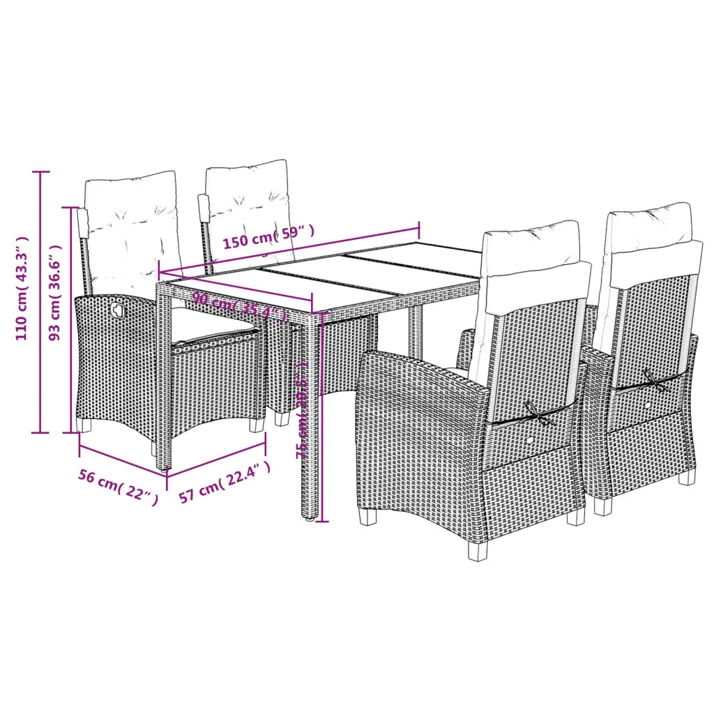 Set da Pranzo da Giardino 5 pz con Cuscini in Polyrattan Grigio