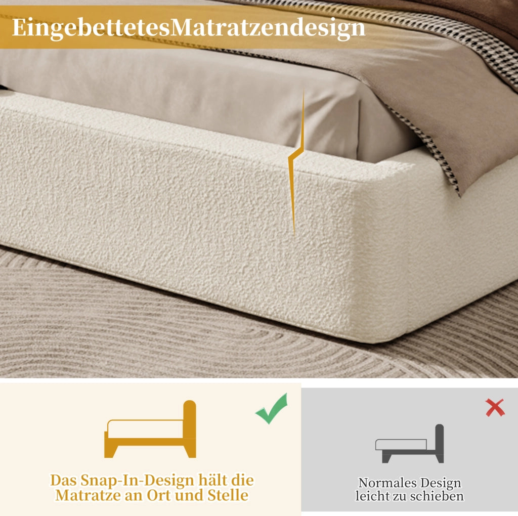 Letto imbottito in bouclé beige con rete a doghe