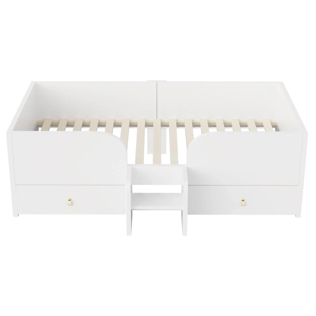 Letto singolo in legno bianco 90x200 cm con 2 grandi cassetti e piccola scala di sicurezza