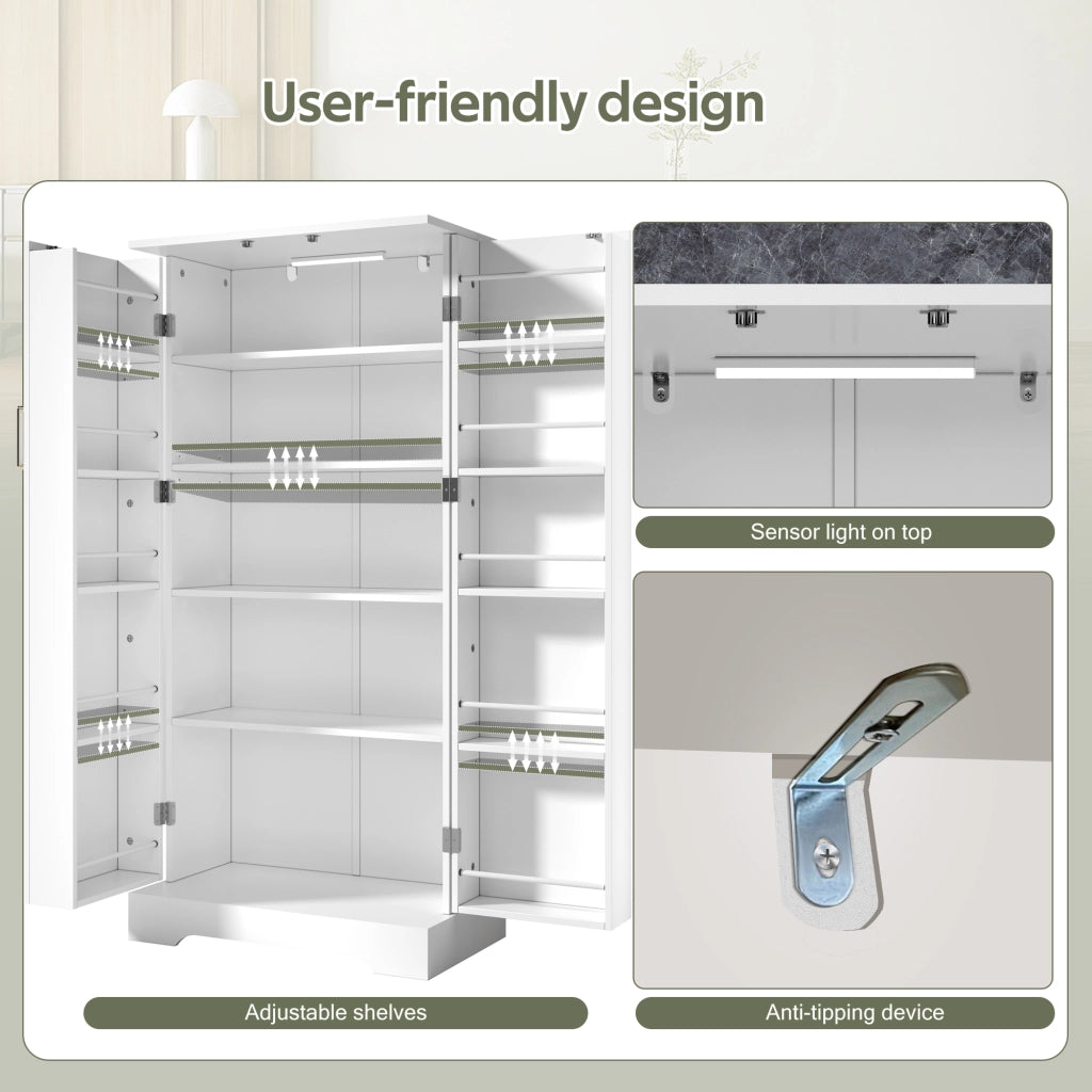 Armadio Cucina Multiuso con LED ¨C MINIMAL ¨C Bianco, Ripiani Regolabili, 60x35x128