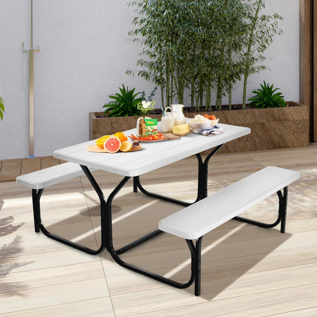 Set tavolo panca da picnic con telaio in metallo, Set da campeggio resistente alle intemperie 137x150x72cm Bianco-Tavoli e sedie da campeggio