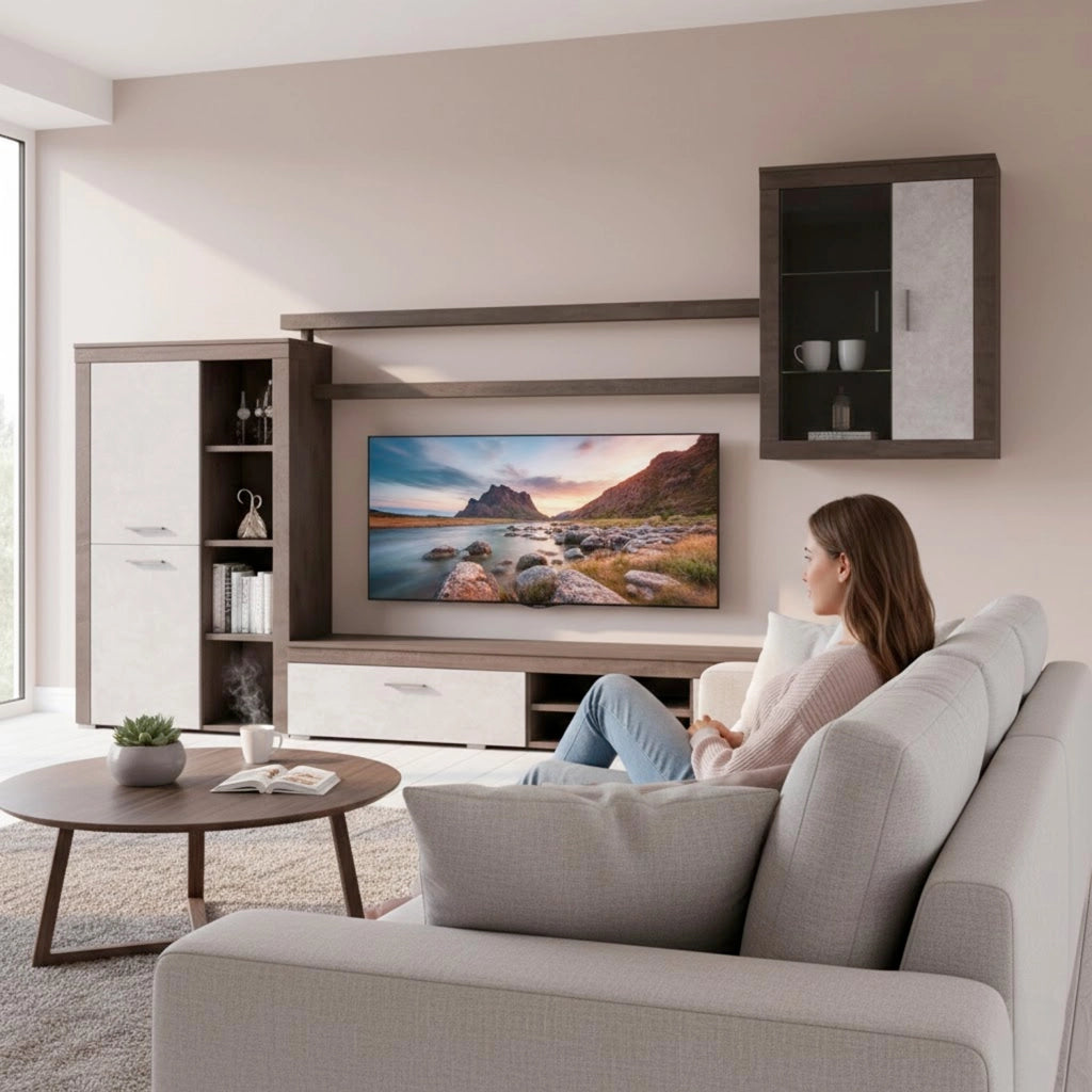 Parete Attrezzata Moderna Con Mobile TV Ante Vetrinetta Mensole E Vani A Giorno Moduli Sospesi Per Soggiorno Salotto 293 X 193 X 50 Cm Ossido E Grigio Cemento