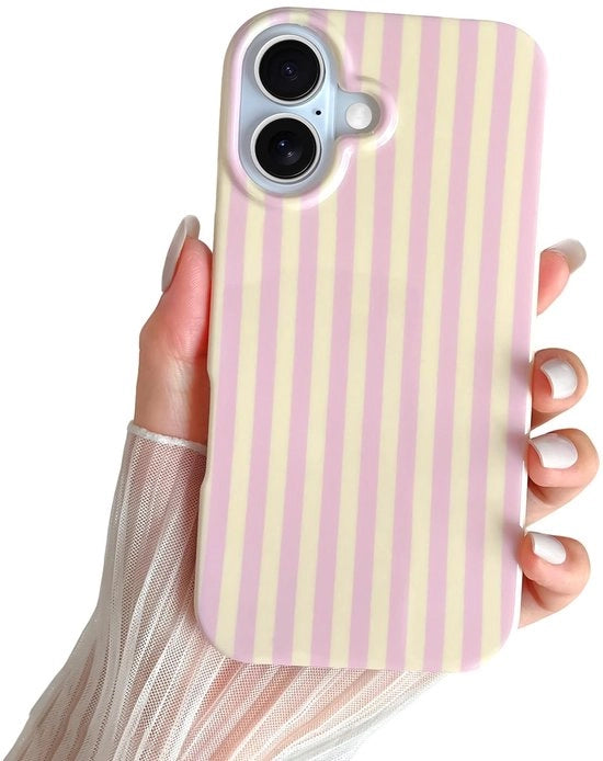 Case per iPhone 16 - Disegno a Strisce - Materiale TPU - Design Sottile - Resistente ai Colpi - Stile e Design - Colori Rosa/Giallo - Protezione per Telefono