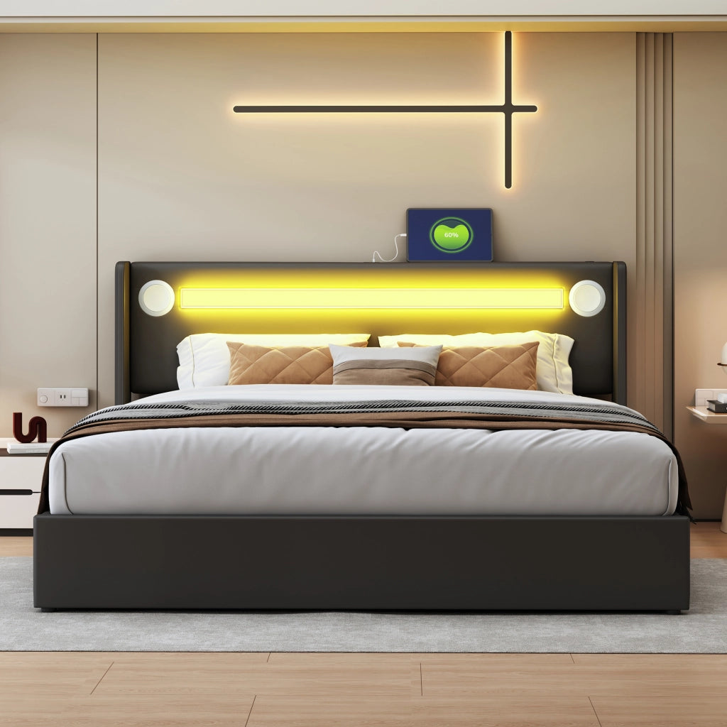 Letto imbottito nero con funzione LED bluetooth e ricarica USB in pelle sintetica 160x200 cm