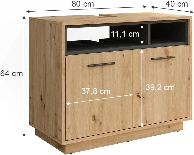 Mobile sottolavabo per bagno Beatrice, Rovere artigianale/antracite, 80 x 64 cm, con ritaglio per sifone e ripiani aperti