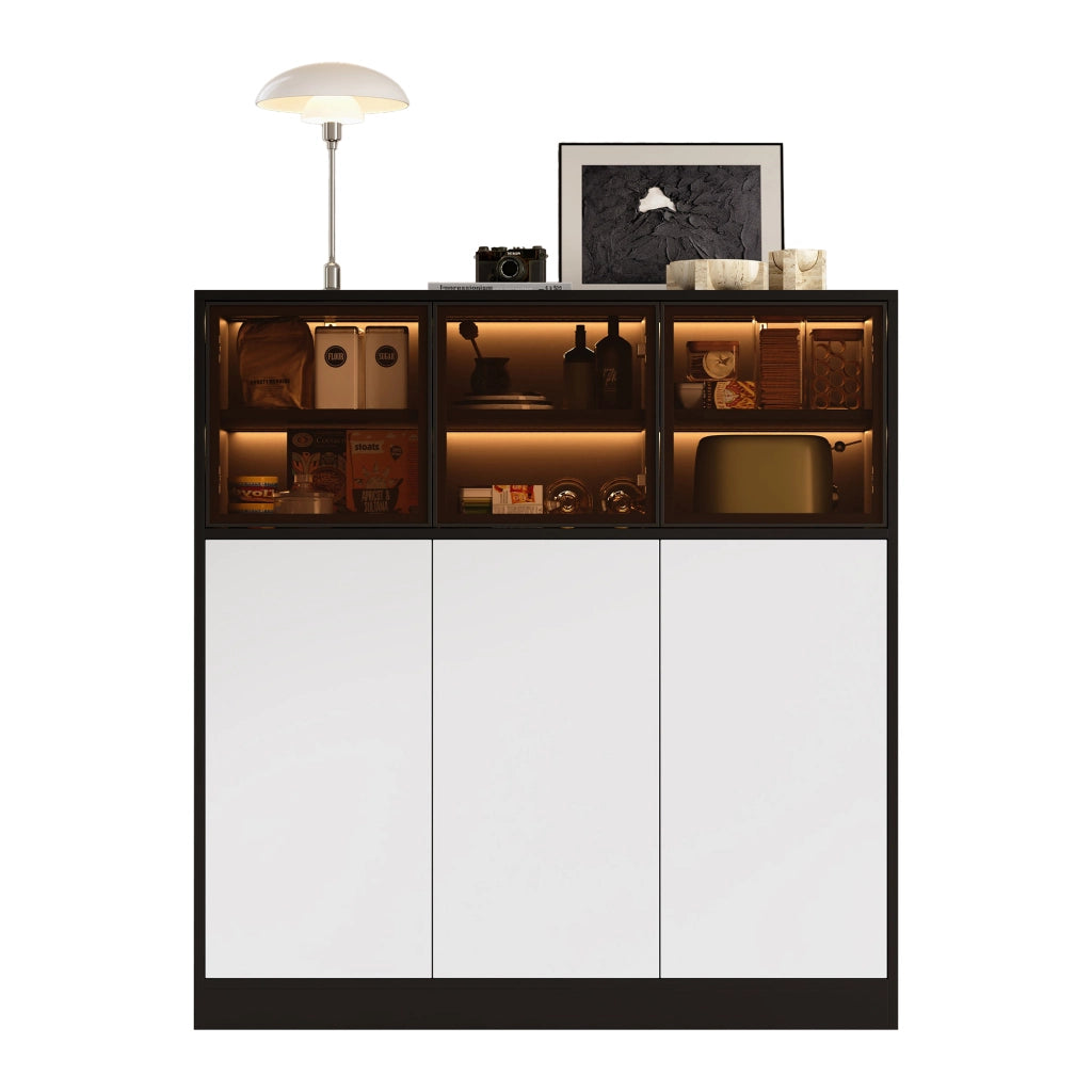 Credenza con 6 ante e 14 vani; illuminazione LED - per soggiorno - 100×40×105 cm - nero e bianco