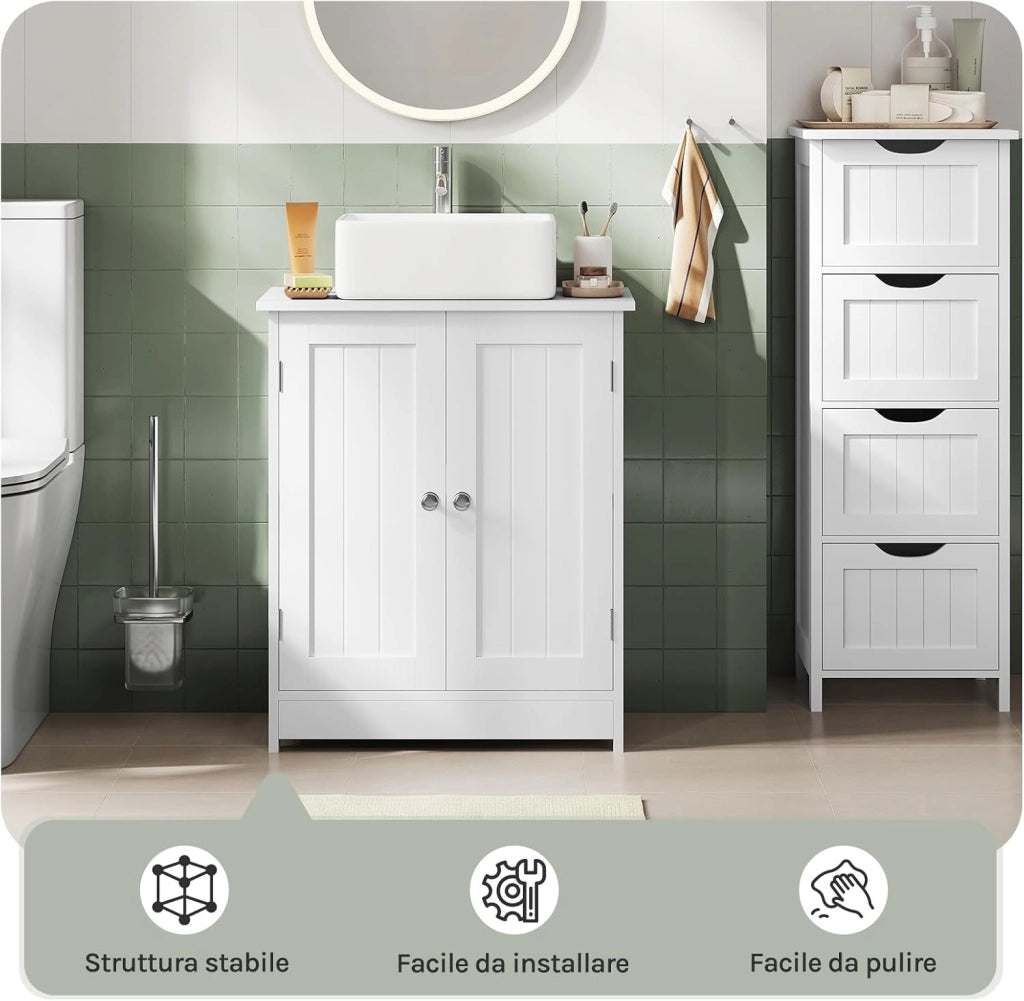 Mobile da Bagno Sottolavello, Mobiletto da Bagno Bianco, Mobile Sotto Lavabo, con Ripiano Regolabile, 50x60x30 cm