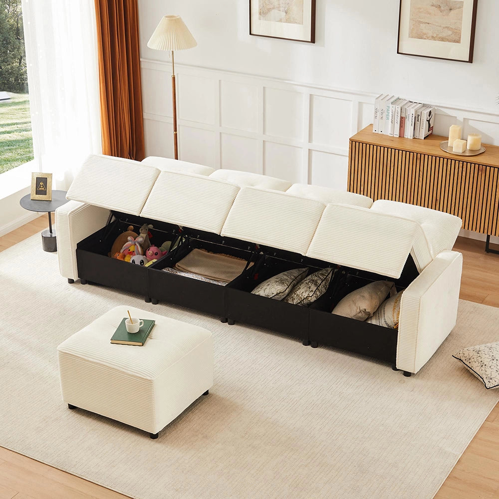 Divano 4 posti in velluto costato - Xylo - 280x146x85 cm - Beige - Con spazio di archiviazione e sgabello incluso