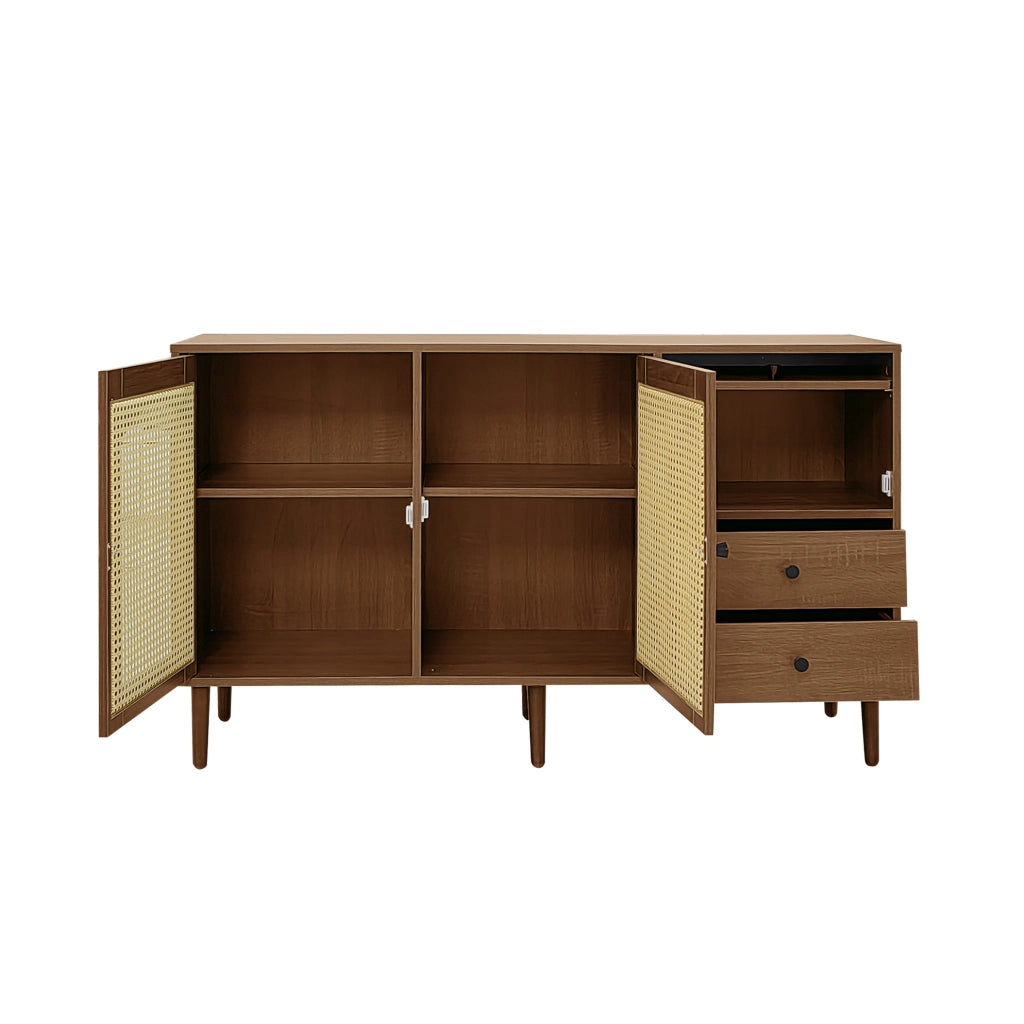 Credenza 130x75.5x40 cm con ante effetto rattan e ripiani regolabili; pannello truciolare