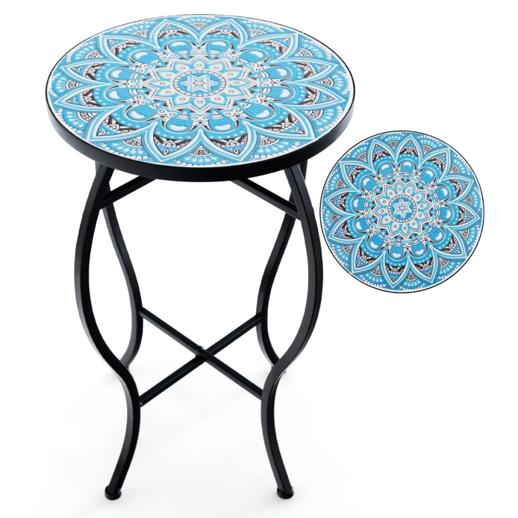 Tavolino laterale per patio con mosaico decorativo, Tavolino rotondo da 35cm con piano in piastrelle di ceramica-Scaffali per piante