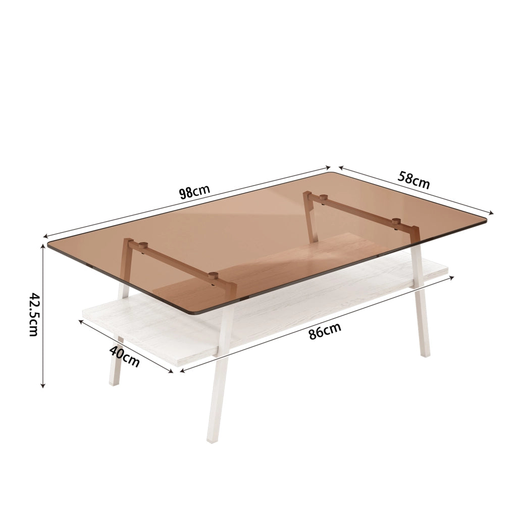 Tavolino da caffè con piano in vetro temperato e base in MDF; bianco e marrone