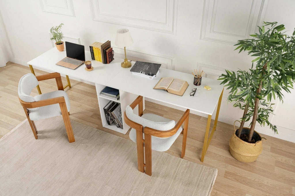 Scrivania Violet, Scrittoio multiuso, Tavolo per ufficio porta PC, Piano di lavoro, 240x60 h74 cm, Bianco e Oro