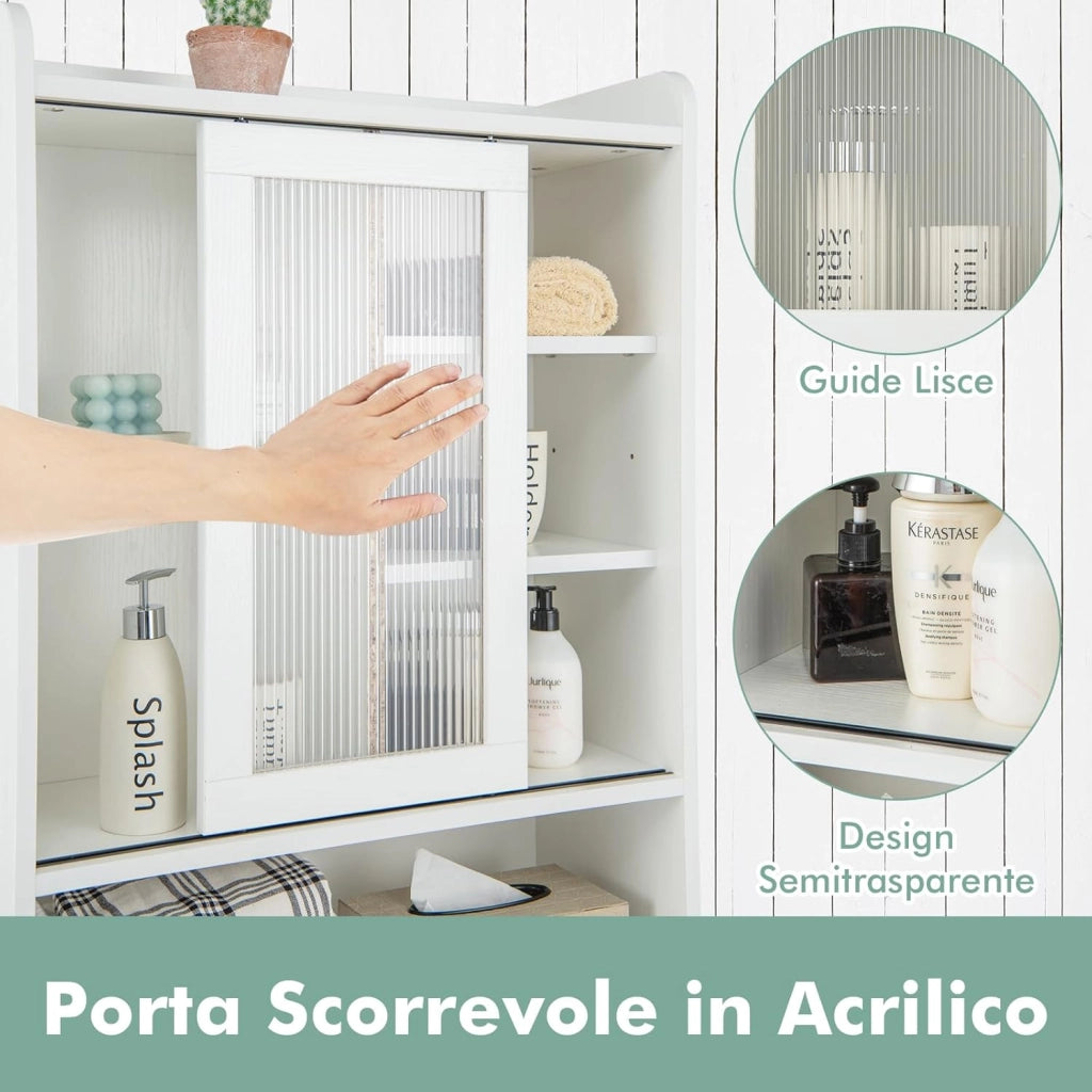 Mobiletto per Bagno, Armadio Sopra WC con Anta Scorrevole e Struttura Metallica, Scaffale Salvaspazio con Ripiani Regolabili per Bagno Lavanderia, 63x29x170 cm (Bianco)