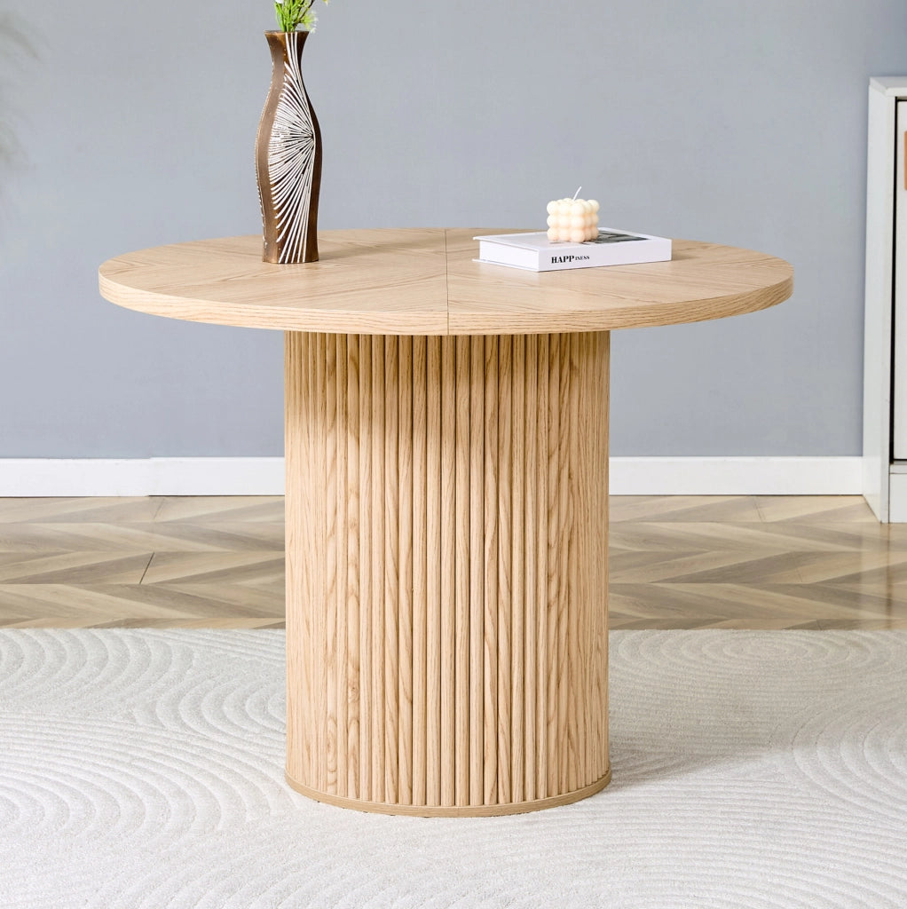 Tavolo da pranzo rotondo 100 cm con vano contenitore; MDF e metallo; effetto legno naturale