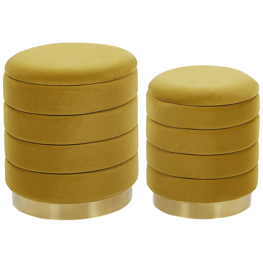 Set di 2 pouf contenitori con rivestimento in velluto di poliestere giallo rivestimento in acciaio inossidabile dorato design moderno