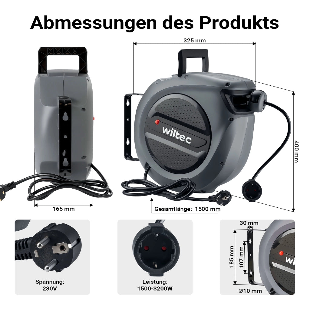 Avvolgicavo elettrico automatico 15 m + 1,5 m, avvolgitore cavo automatico 1500 - 3200 W, prolunga elettrica avvolgibile con staffa a 180°