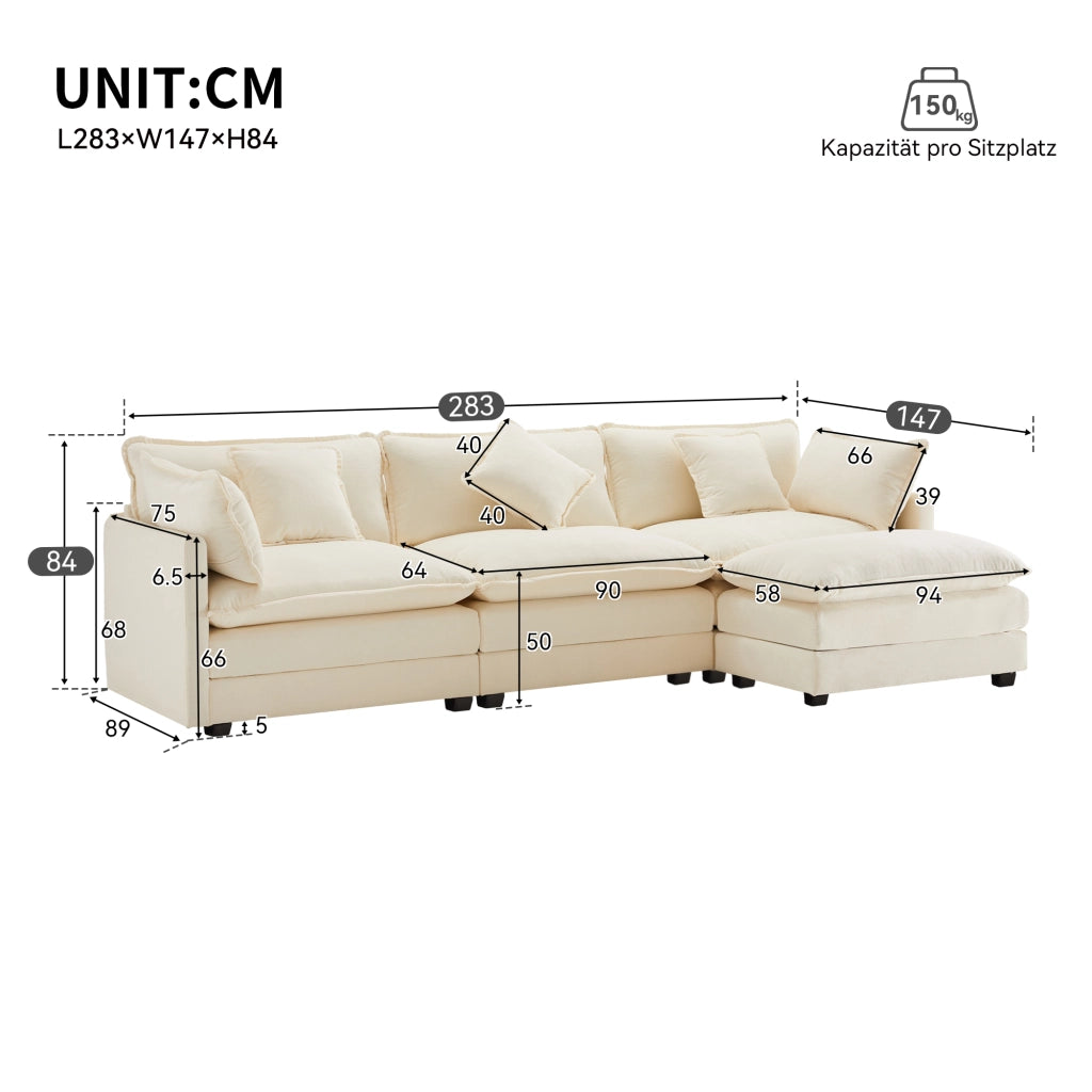 Divano angolare reversibile 3 posti con cuscini bracciolo e cuscino lombare, in Chenille Beige