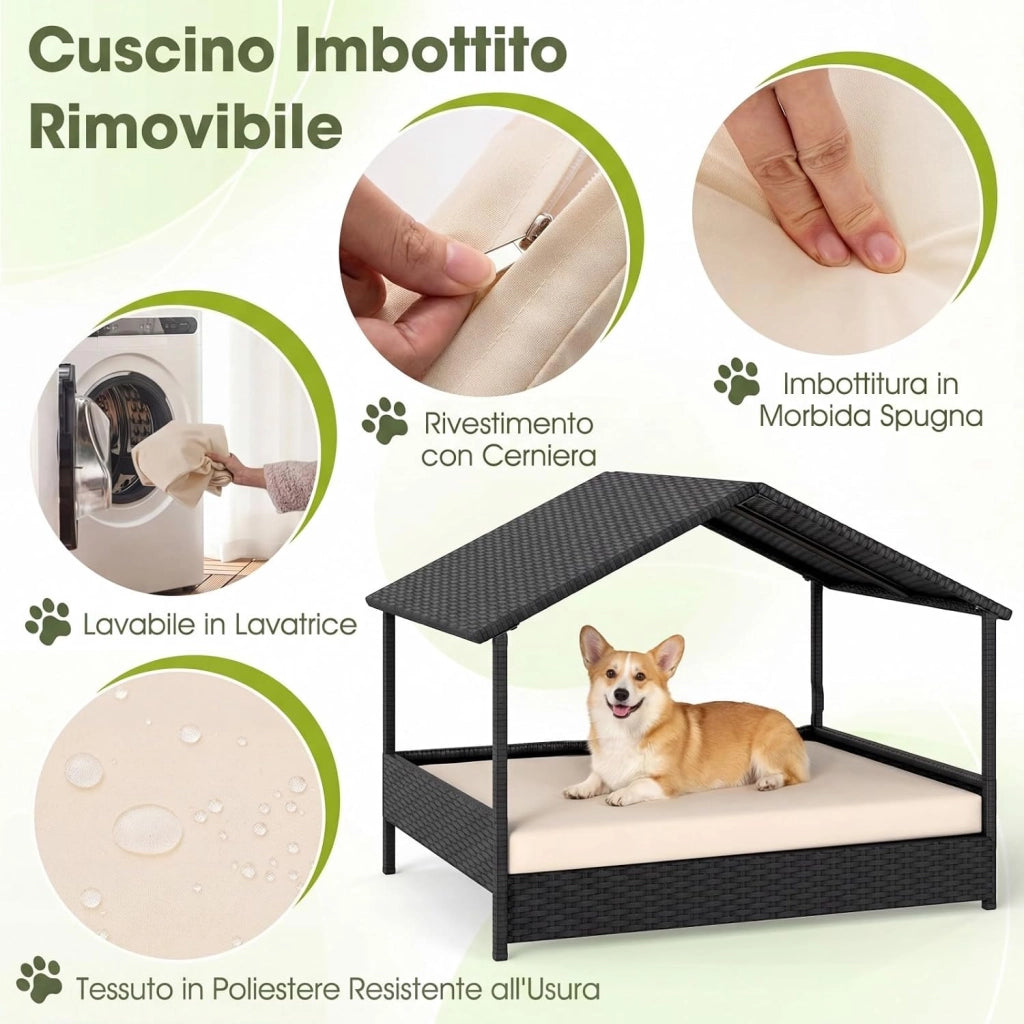 Casetta per Cani da Esterno e Interno, Letto Rialzato in Rattan con Struttura in Metallo, Tetto Impermeabile e Cuscino Rimovibile, per Cani di Taglia Piccola e Media fino a 60 KG (Beige)
