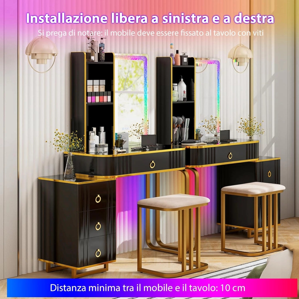 Toeletta da Trucco con Luci, Set Tavolo da Trucco con Sgabello 4 Cassetti, 7 Colori Regolabili di Luce, Porte USB, Telecomando, per Soggiorno Camera da Letto (Nero)
