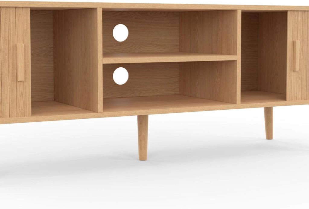 Mobile TV ROMIE 140 cm con 2 ante scorrevoli, doghe in legno color rovere
