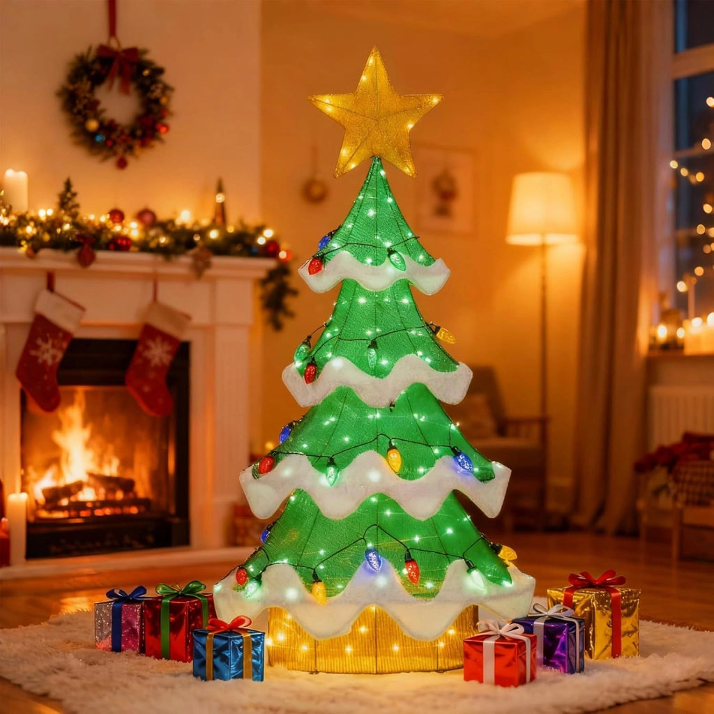 Albero di Natale, Decorazioni Natalizie 130 CM, con 146 Luci LED, 34 Forma di Fragola, Resistente alle Intemperie, Addobbi Natalizi per Esterno Interno per Casa, Giardino, Cortile