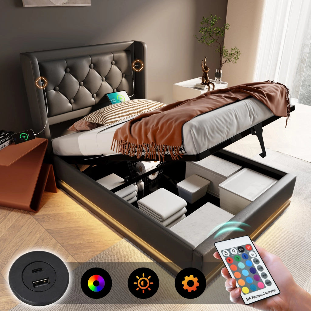 LETTO contenitore 90x200 cm PU nero con USB Type-C e LED a 3 lati