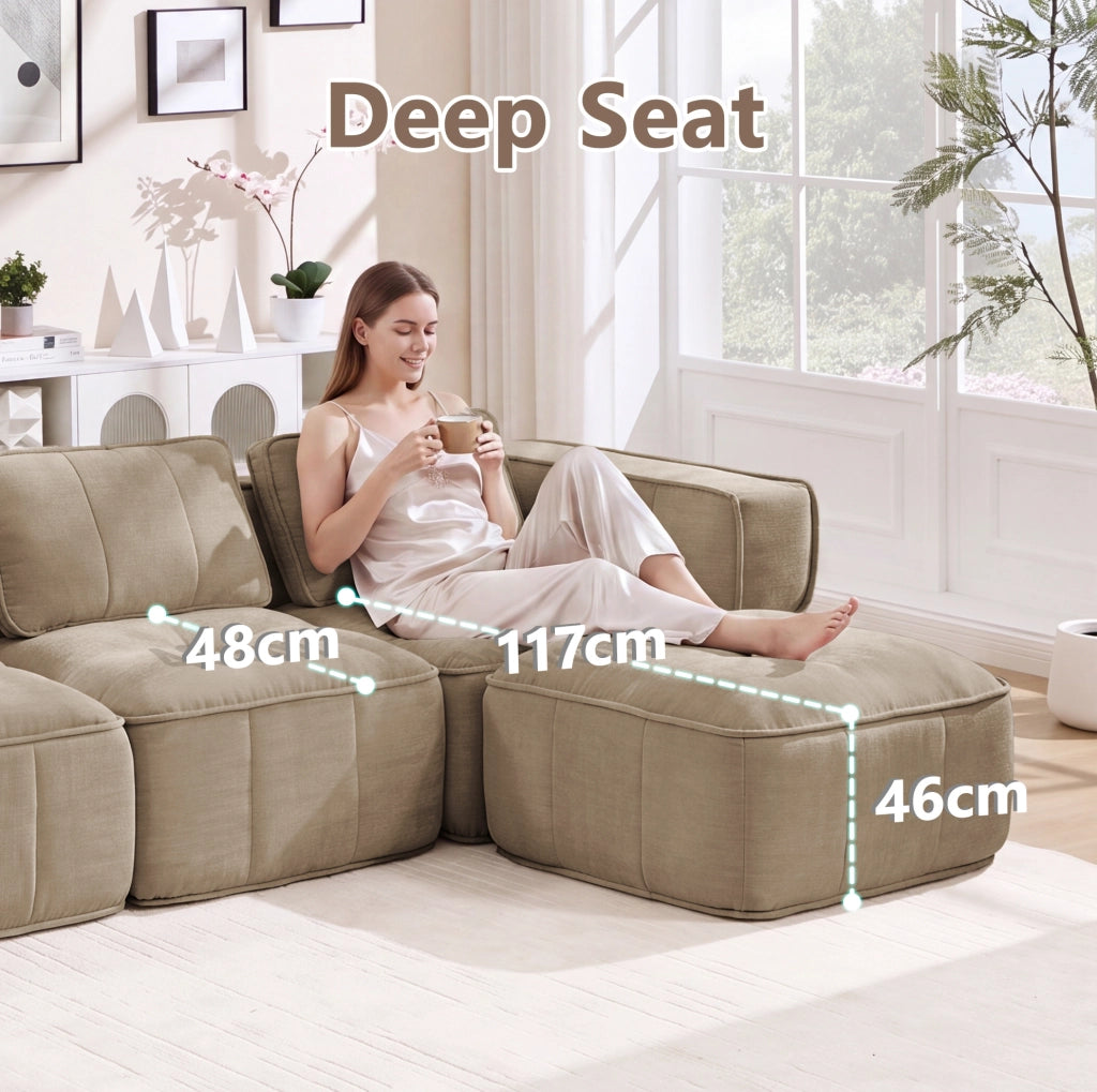 Divano modulare angolare con pouf 344x162x67 cm in poliestere; color sabbia