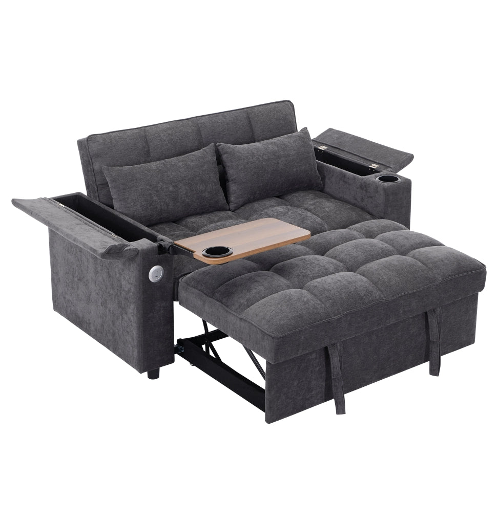 Divano letto 3 in 1 con schienale regolabile, porte USB e tipo C, portabicchieri e tavolino nascosto in tessuto grigio