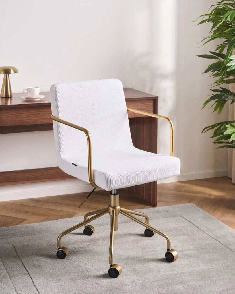 Sedia da ufficio in velluto a coste color avorio, regolabile in altezza, con base girevole, per l'ufficio domestico