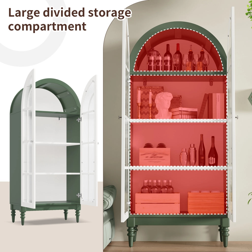 Vetrina ad arco con doppie ante in vetro rigato, 3 ripiani, MDF e metallo, verde, 76 × 38,5 × 165 cm