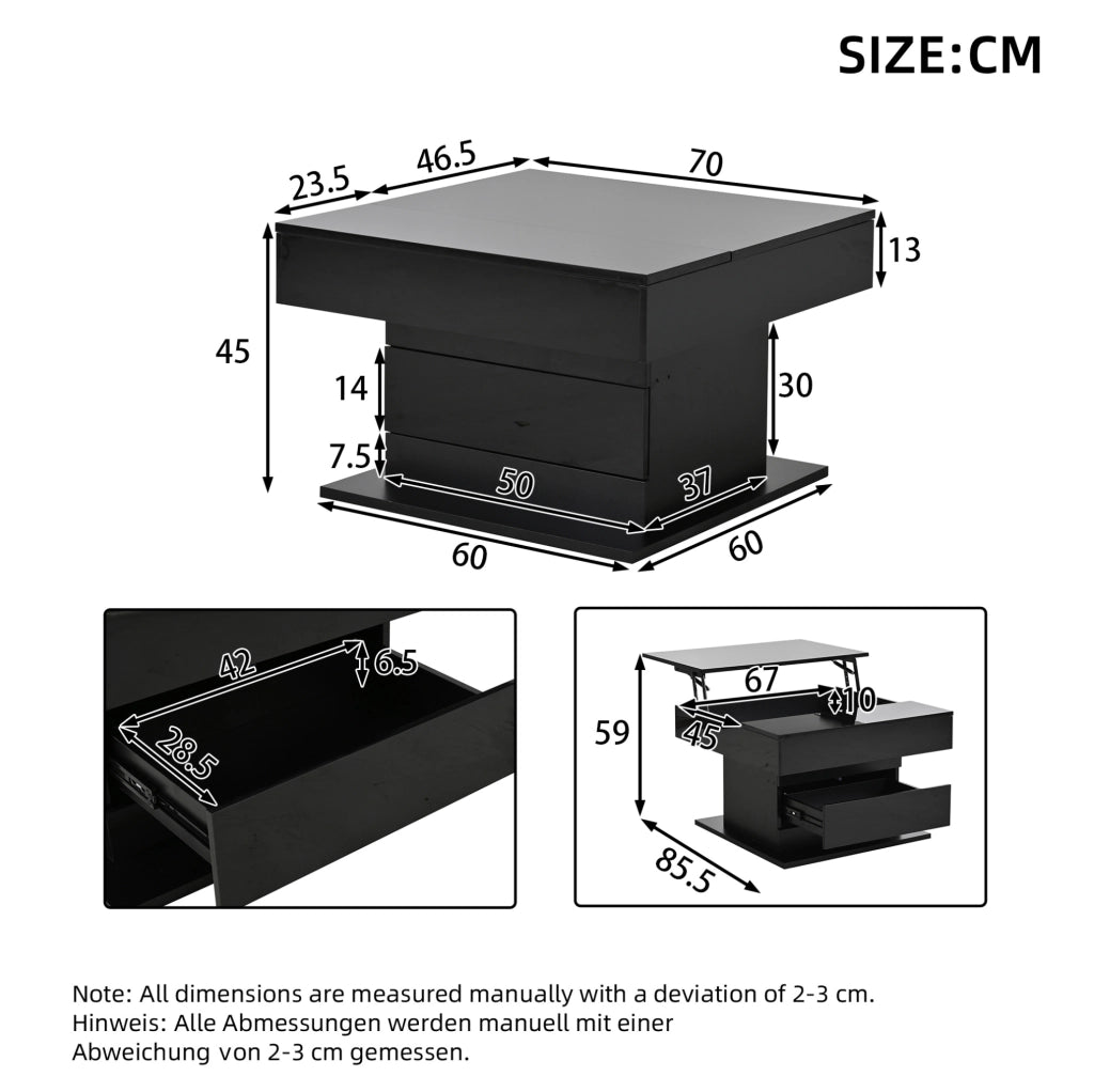 Tavolino da caffè 70x70x45 cm rialzabile; girevole 360°; in pannello truciolare nero lucido