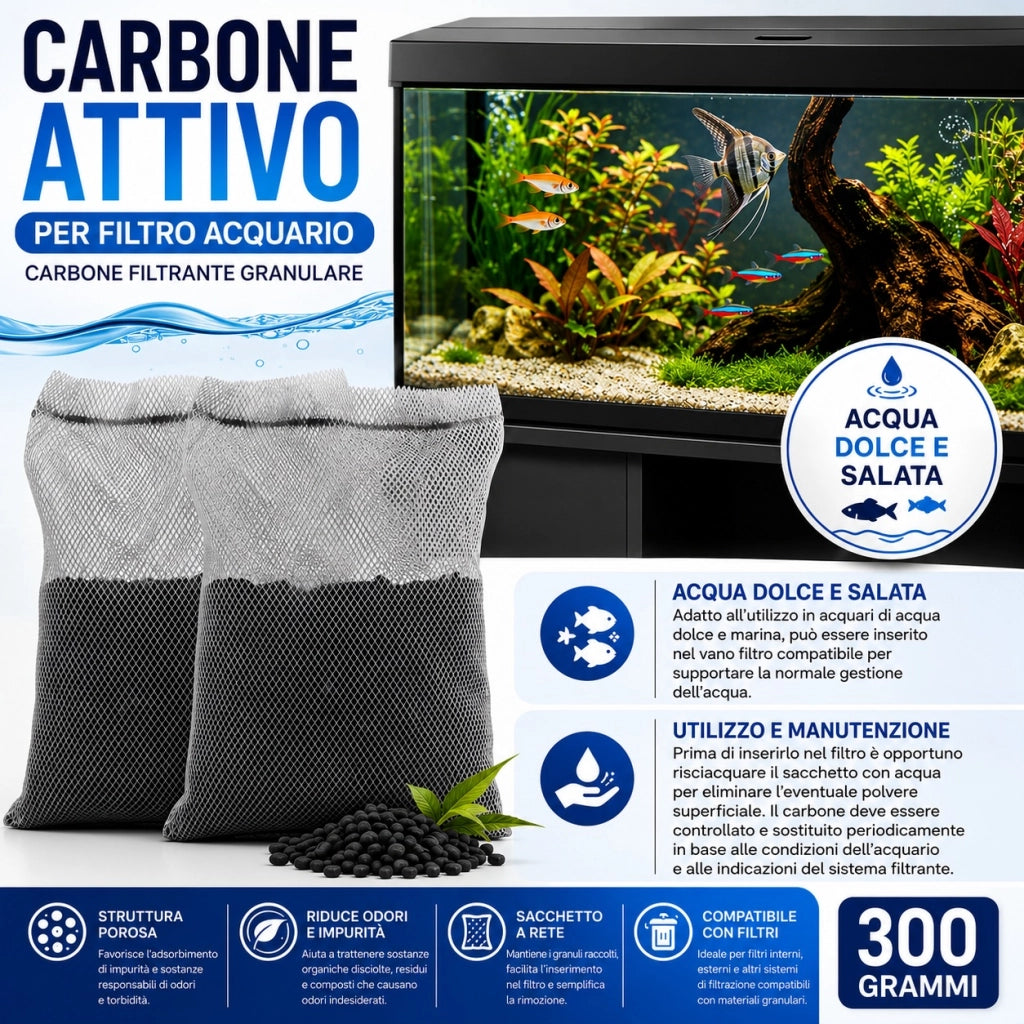 Carbone Attivo per Acquario Acqua Dolce e Salata Filtro 150g/300g/500g 300 g