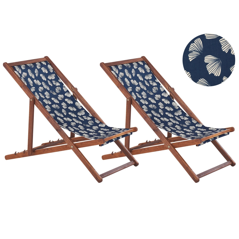 Set di 2 sedie a sdraio da giardino con struttura in legno di acacia scuro con motivo floreale in tessuto amaca sedile reclinabile