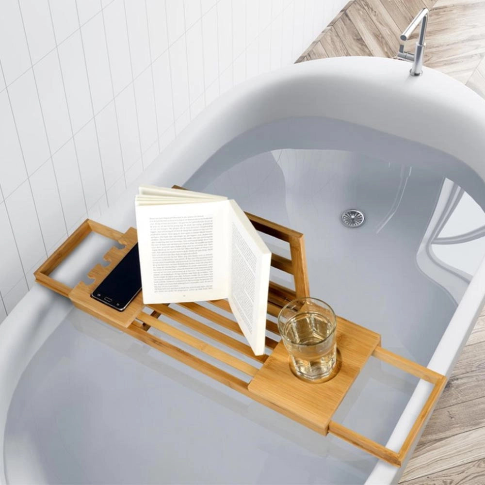 Tavolino Vassoio Vasca Bagno Regolabile Legno Bambu Supporto Tablet Scomparti