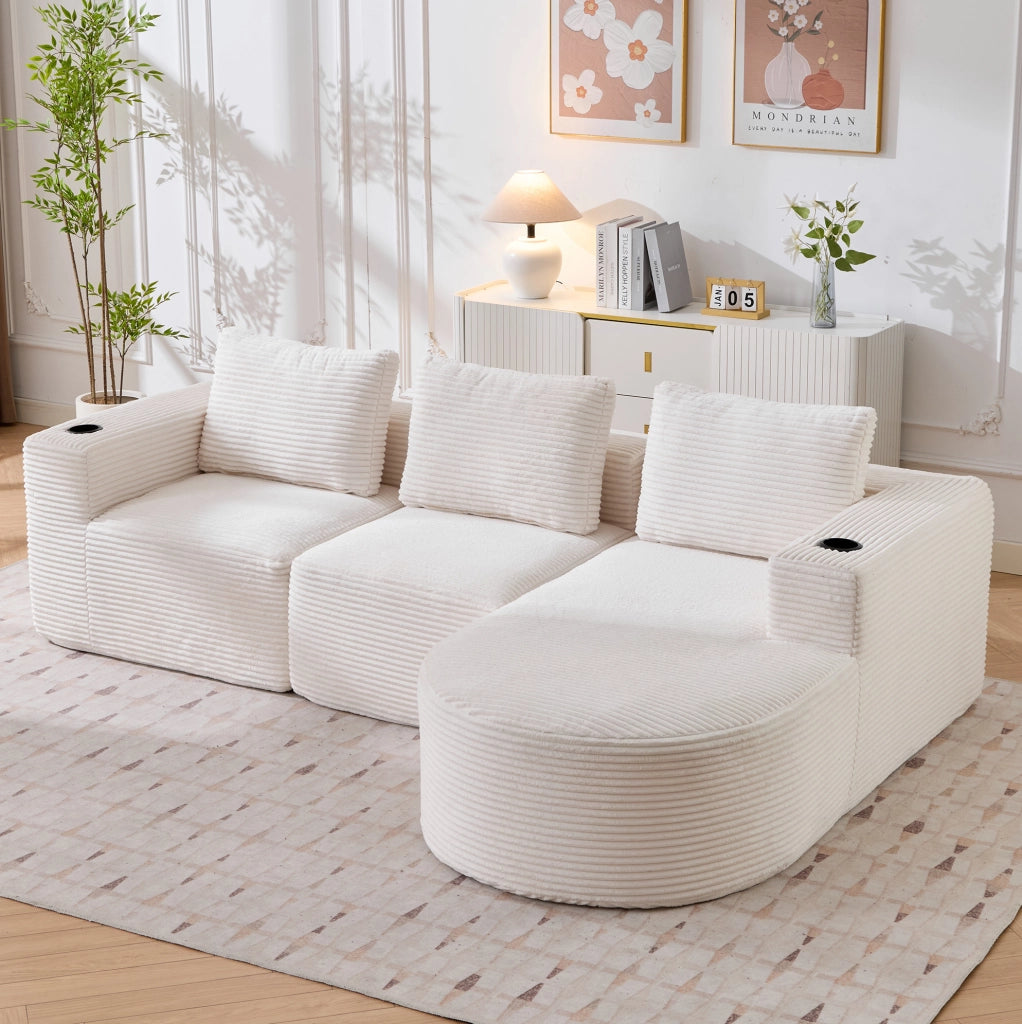 Divano imbottito in poliestere beige con 3 cuscini e portabicchieri HOMVRA