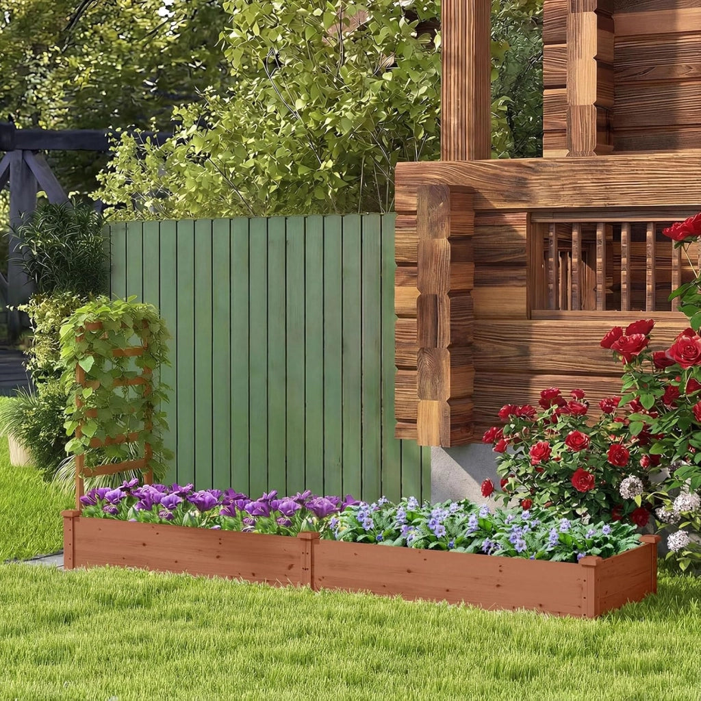 Fioriera da Esterno e Traliccio, Letto Rialzato in Legno per Fiori, Erbe, Verdure, Frutta e Viti Rampicanti, Aiuola Elevata da Giardino con Spalliera, 235CM x 63CM x 102CM (Marrone)