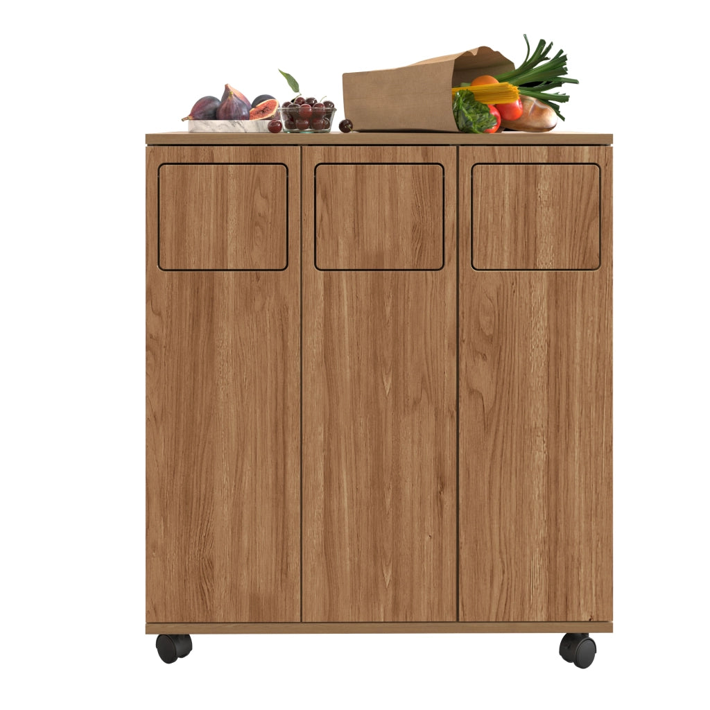 Mobiletto per raccolta differenziata a 3 scomparti con ruote, effetto rovere, 69,3x35x80,3 cm