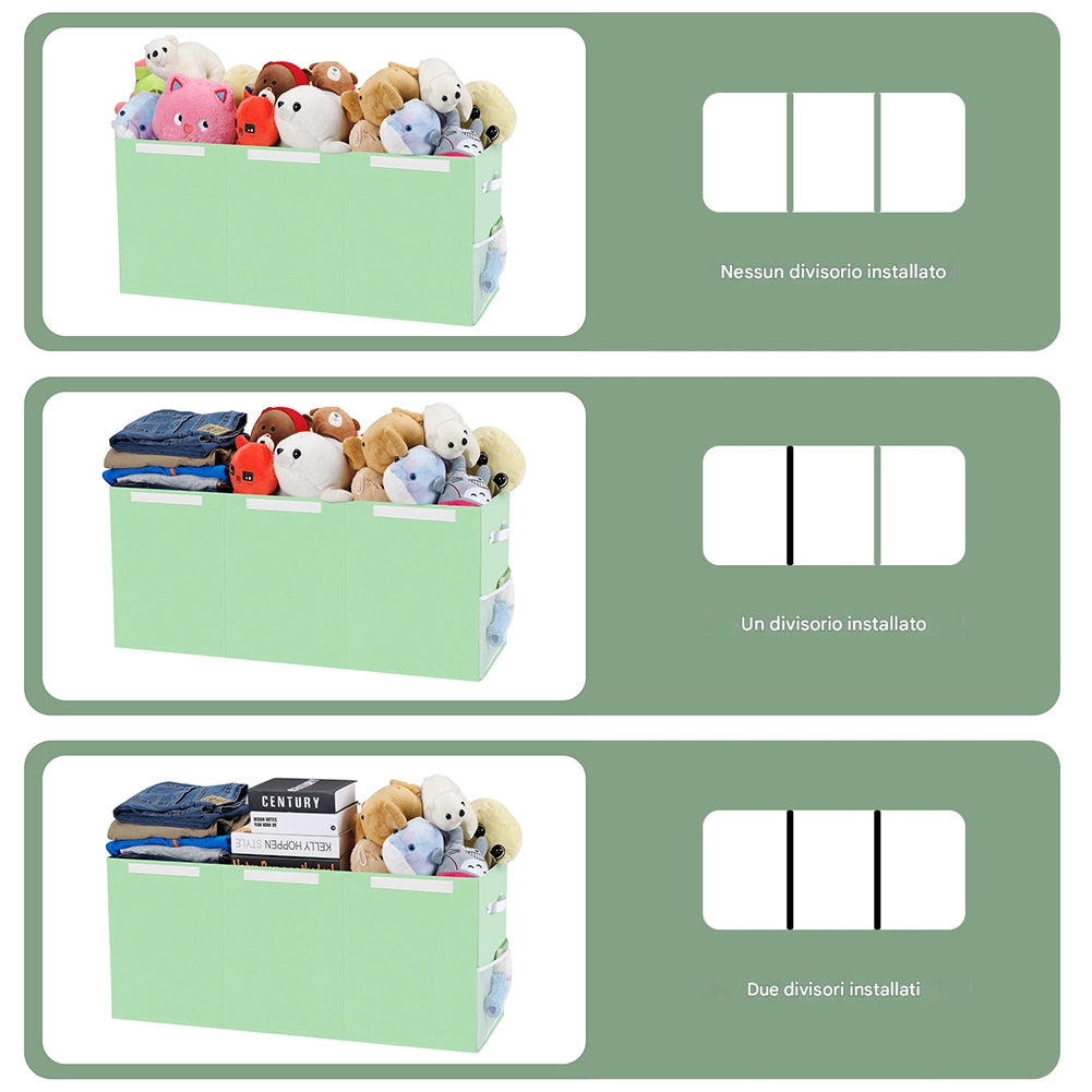 Contenitore Box 3 Scomparti Verde Scatola Cesta Giocattoli Organizer Multiuso