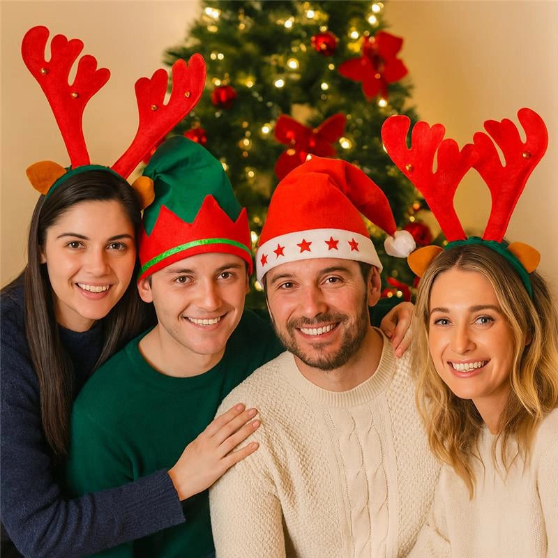 MAURY'S SET DI 2 CERCHIETTI RENNA DI NATALE, DUE CAPPELLI DA ELFO E DUE CAPPELLI DA BABBO NATALE CON LUCINE LED