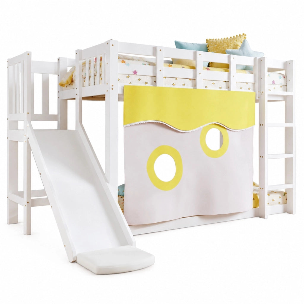 Letto a castello 90x200 cm bianco con scala, scivolo e tende