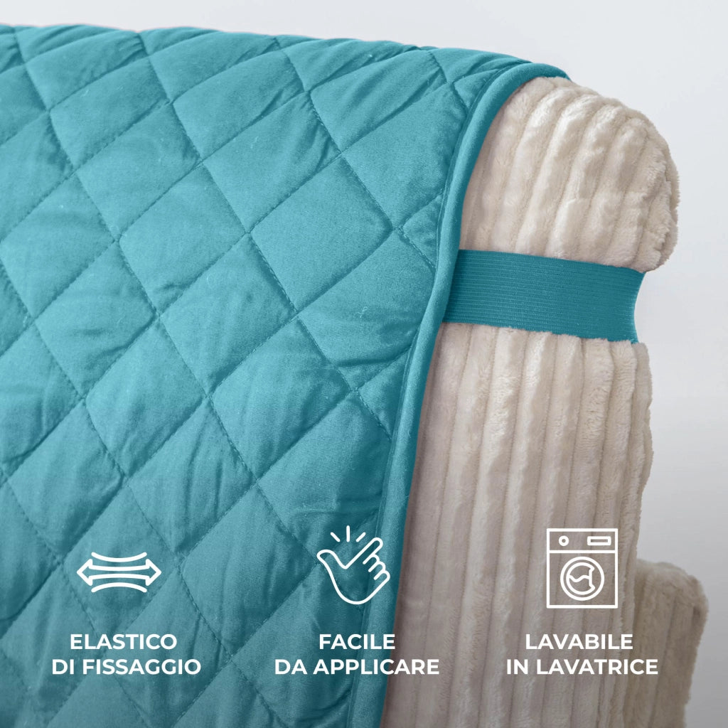 Copridivano Con Braccioli Antimacchia Trapuntato Protettore Impermeabile Salvadivano Idrorepellente Imbottito Con Elastico Antiscivolo Ottanio - Divano 4 posti