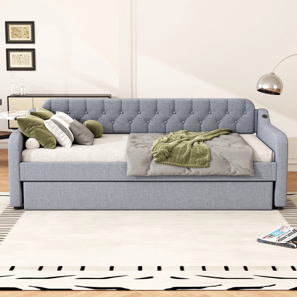 OKWISH Letto Divano 90×200 cm, Letto Singolo con Letto estraibile, USB e Presa, senza Materasso, in Lino, Grigio