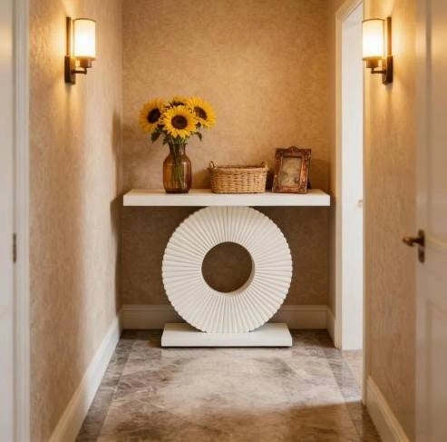 Tavolo consolle bianco in MDF e metallo con base geometrica