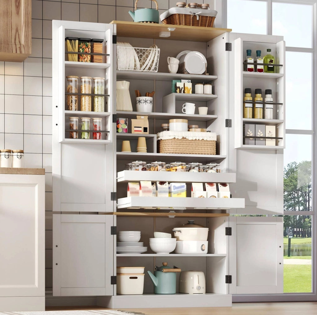 Credenza alta moderna in MDF bianco 80x40x180 cm con ante; cassetti e luce con sensore