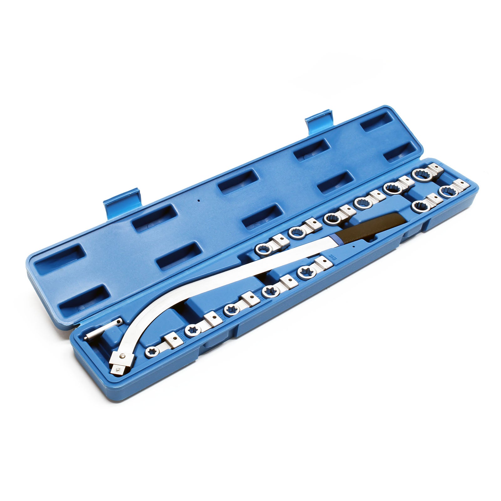 Set di chiavi a rulli di tensione con 13 attacchi, tra cui otto 12 lati da 12-19 mm e cinque profili E con pratica valigetta